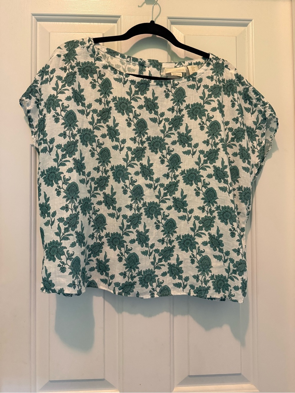 Cynthia Rowley White 100% Linen Boxy Top with Green Floral Print